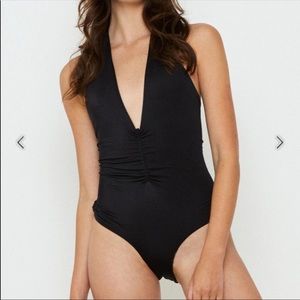 NWT, (Noir) In a Ruche / Deep-V OnePiece Swimsuit